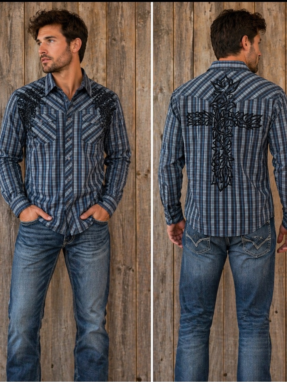 Roar Y2K Embroidered Plaid Button Up Shirt XL Western Cross Grunge Country